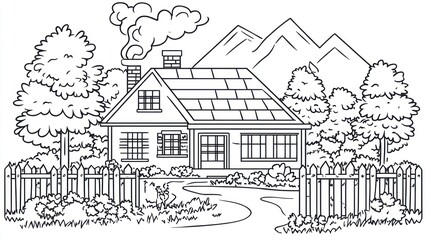 Obraz premium A house with a smoking chimney and a path, surrounded by trees, mountains, and a fence