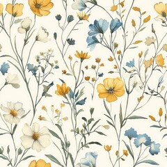 Seamless floral pattern featuring white, yellow, and blue flowers on white background