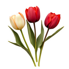 Fototapeta premium Three Tulips Red and Cream on Black Background on transparent background