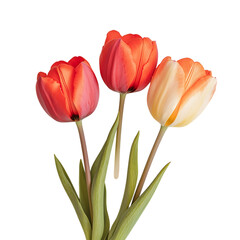 Three Spring Tulips on Black Background on transparent background