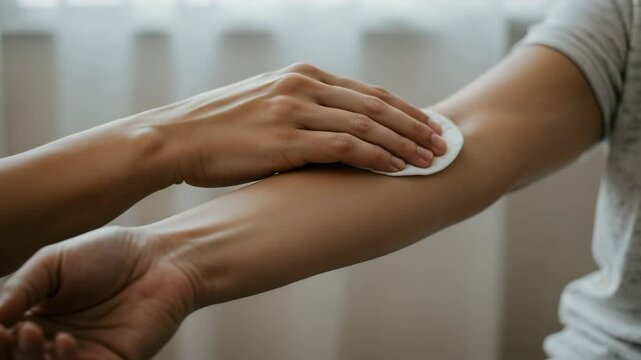 Nurse wiping a patient's forearm with a cotton pad for a medical treatment