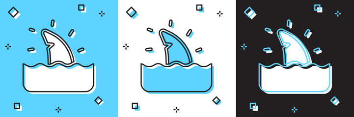 Set Shark fin in ocean wave icon isolated on blue and white, black background. Vector
