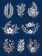 Nine elegant floral and leaf designs in white and copper on a dark blue background; perfect for invitations, cards, or other projects
