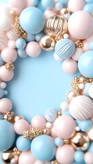 Pastel-colored spheres form a circular frame on a light blue background