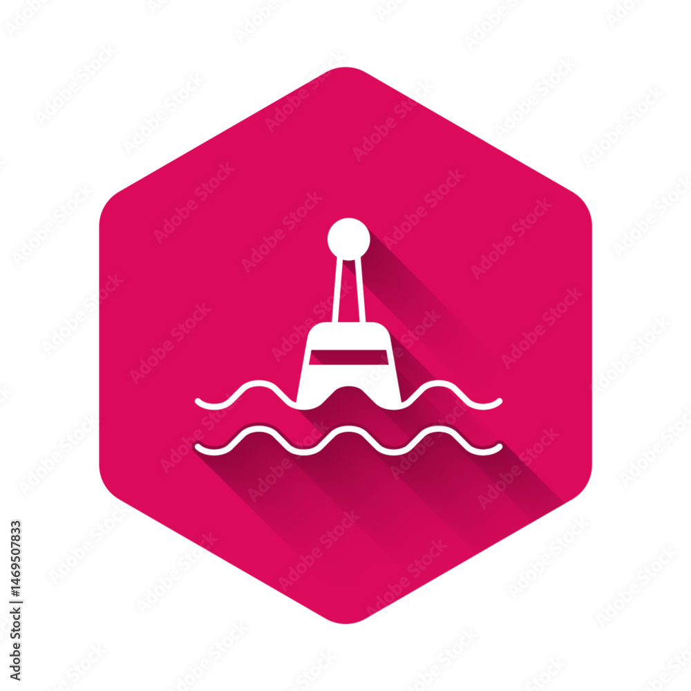 Poster white floating buoy on the sea icon isolated with long shadow background. pink hexagon button. vecto