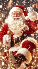 Santa Claus sits smiling, holding a golden ornament, with a snowy background of twinkling lights