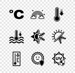 Set Celsius, Rainbow with clouds, Meteorology thermometer, UV protection, Water and Sun and snowflake icon. Vector