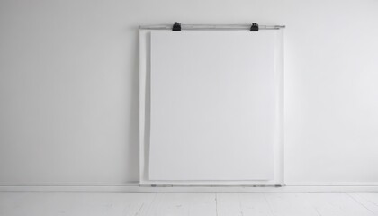 Empty poster frame hanging with clips, pure white backdrop ,  contemporary,  showcase,  studio shot