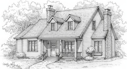 Fototapeta premium Charming Cottage House Plan Design - Architectural sketch of a quaint cottage home, showcasing a front porch and dormer windows. Ideal for real estate, home design, and architectural websites