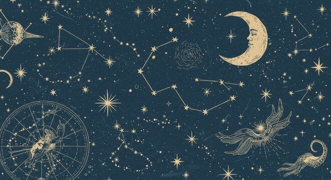 Celestial Sketches: Starry Night Constellations - Mystical celestial art, symbolizing dreams, destiny, exploration, wonder, and cosmic mysteries. Elegant sketched constellations and moon