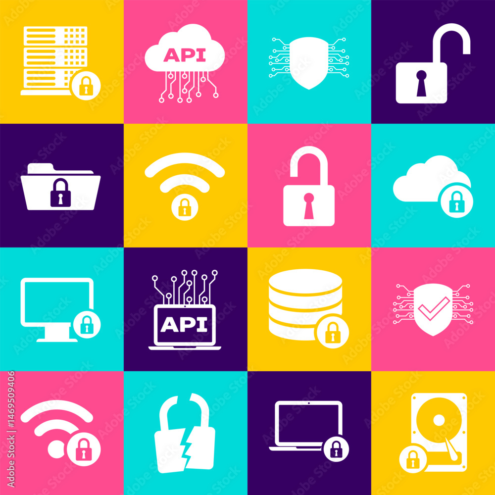 Aufkleber set hard disk drive and lock, cyber security, cloud computing, , wifi locked and folder icon. vector
