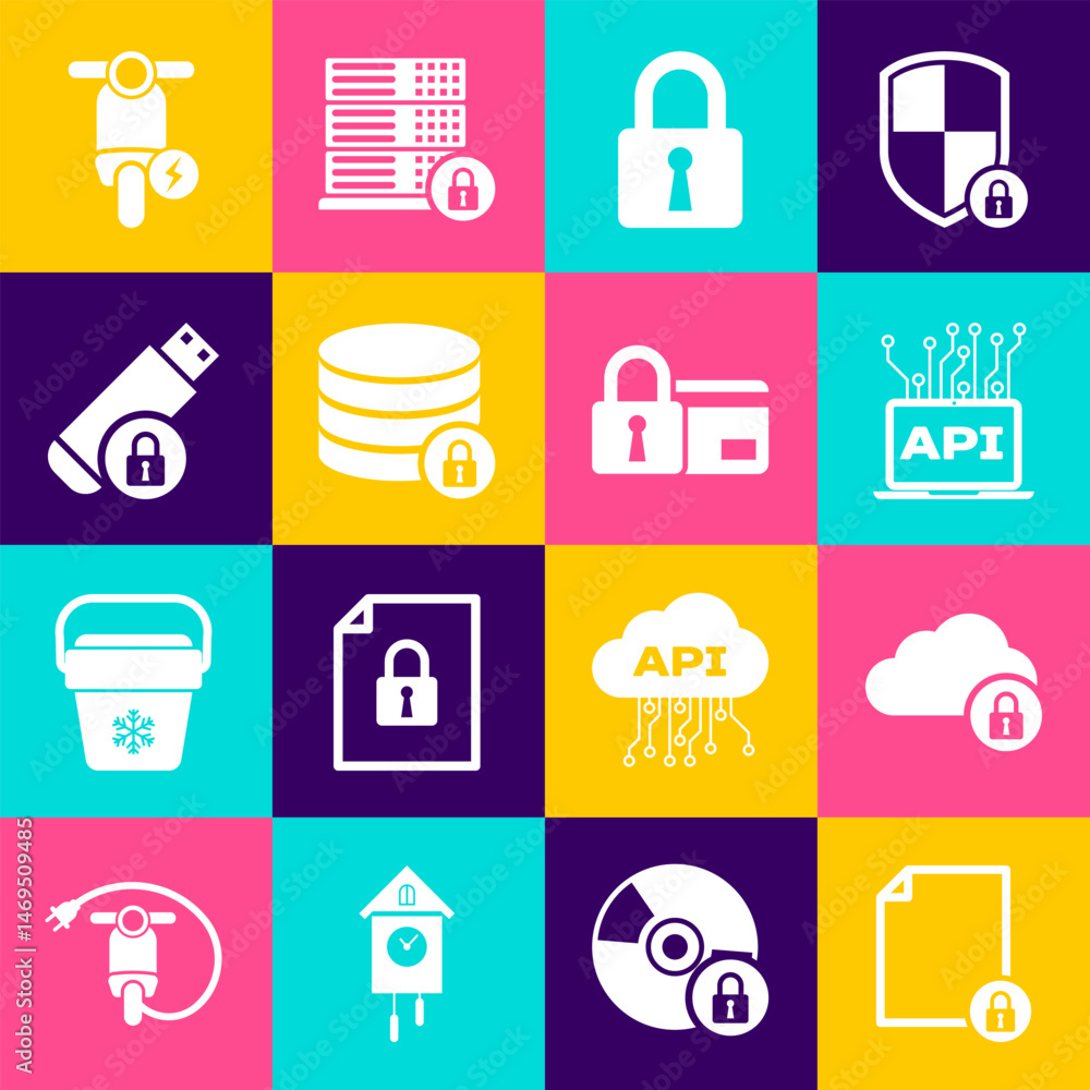 Poster set document and lock, cloud computing, computer api interface, lock, server security with and usb f