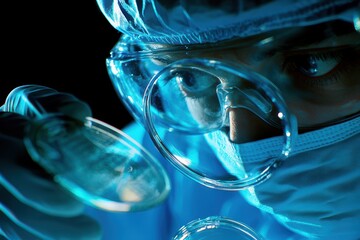 Blue-Tinted Close-Up of Semiconductor Chip Under Microscope