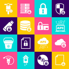 Set Document and lock, Cloud computing, Computer api interface, Lock, Server security with and USB flash drive icon. Vector