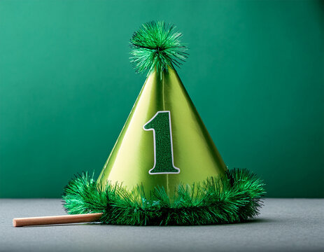 green themed party hat with number one and wooden stick