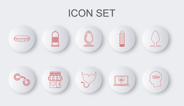Set line Head with 18 plus, Sexy fluffy handcuffs, Anal plug, Laptop content, Leather fetish collar, Condom safe sex, shop building and Devil heart horns icon. Vector