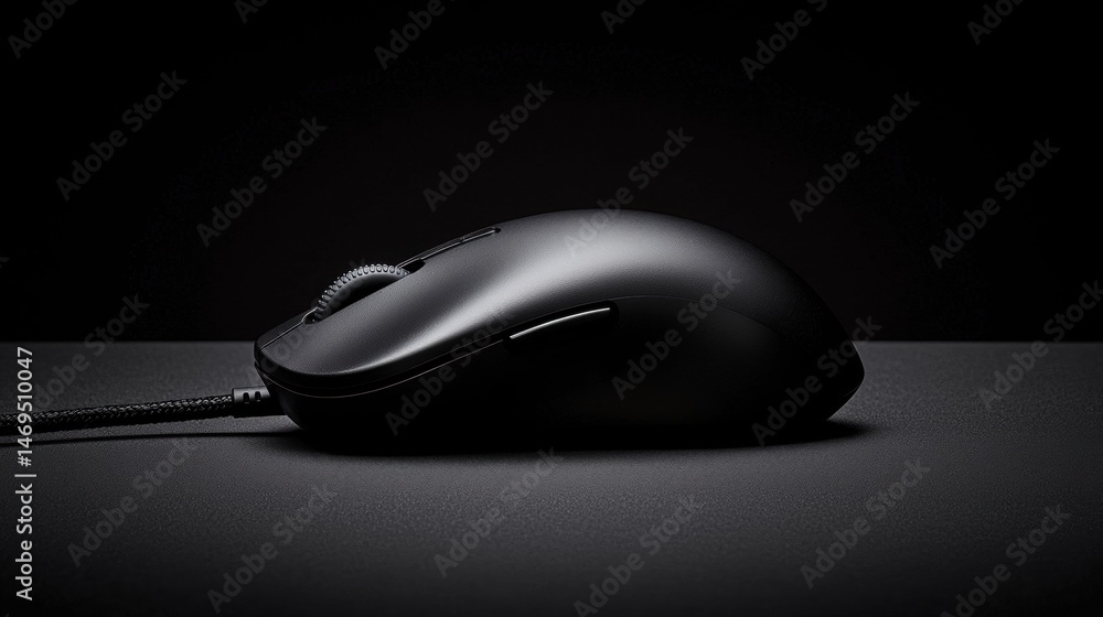 Poster a black computer mouse with a scroll wheel and wired connection.