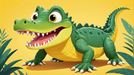 Flat Vector Crocodile with a Smile on Yellow Background
