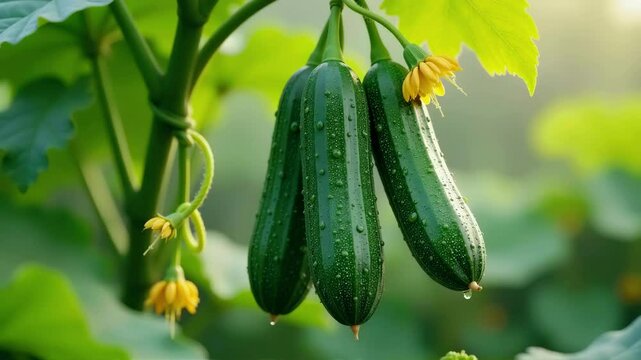 Fresh cucumbers grow on thriving green vines in a sunny garden