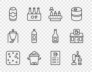 Set line Beer bubbles, tap with glass, Conveyor band, beer, Ice bucket, can, Plastic bottle, menu and Store building of shop icon. Vector