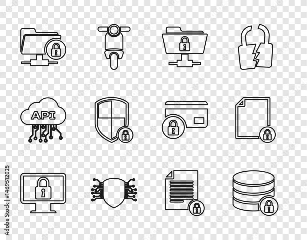 Poster set line lock on monitor, server security with lock, ftp folder and, cyber, shield, document and ico