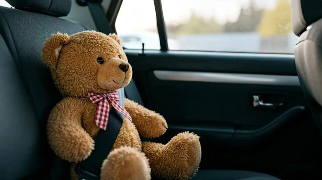 Teddy bear buckled up with a seatbelt sitting on the backseat of a moving car - Powered by Adobe