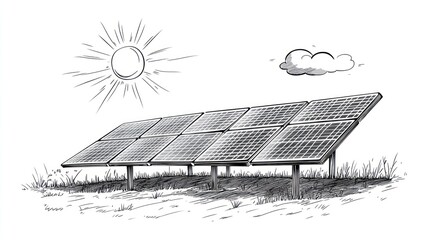 Sketch of solar panels in field, sun and cloud background, renewable energy illustration