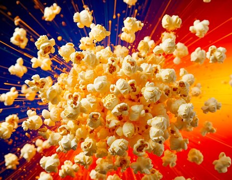 Popcorn explodes in different directions on a cartoon red background - Powered by Adobe