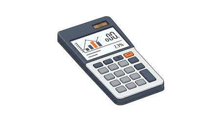 Modern, isometric illustration of a digital calculator showcasing financial data, including a percentage and charts.