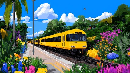 Yellow Train at Vibrant Tropical Station Pixel Art Illustration