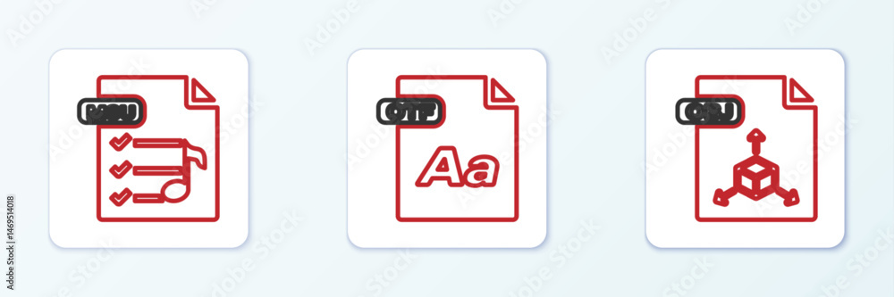 Poster set line obj file document, m3u and otf icon. vector