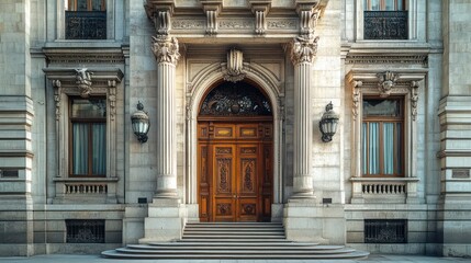 Elegant facade with ornate columns and majestic wooden door captures architectural grandeur