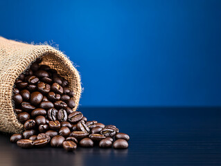 Freshly Roasted Coffee Beans Spill From a Burlap Sack on a Smooth Black Surface Under a Vibrant Blue Backdrop