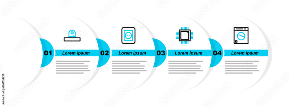 Poster set line washer, processor with microcircuits cpu, electrical outlet and security camera icon. vecto
