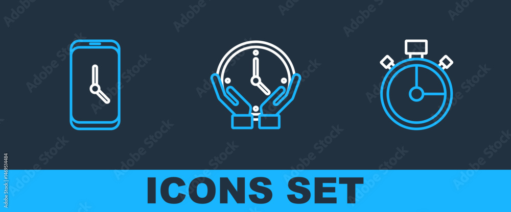 Poster set line stopwatch, alarm clock app mobile and clock icon. vector