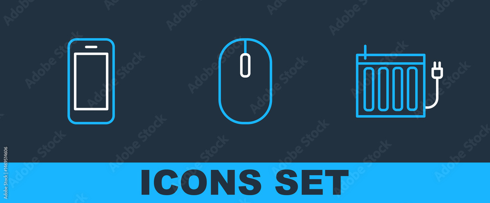 Poster set line heating radiator, smartphone and computer mouse icon. vector