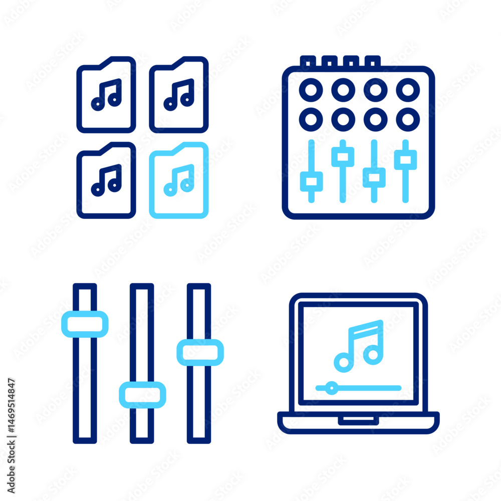 Aufkleber set line laptop with music note, music equalizer, sound mixer controller and file document icon. vec