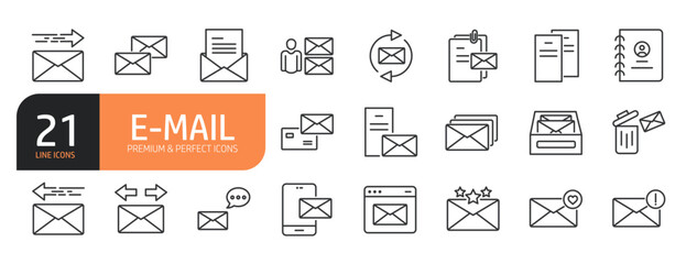 Set of line icons related to e-mail and more. Outline icons collection. Editable stroke. Vector illustration.