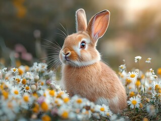 Fototapeta premium A curious rabbit peering through a field of wildflowers