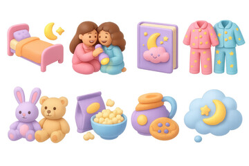 Obraz premium Y2k sleepover icons set – friends, pajamas, snacks, bedtime, moon, stars, toys, cozy, playful, cute. 3D icon set