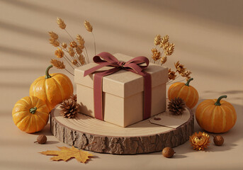 Autumn Gift Box with Pumpkins and Dried Flowers on Natural Wooden Stand