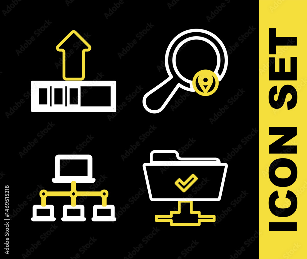 Poster set line search location, ftp operation successful, computer network and loading icon. vector