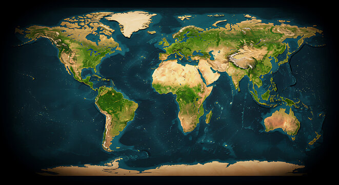 Detailed world map featuring continents, oceans, and geographical features in vibrant colors, creating a global view for educational and design purposes