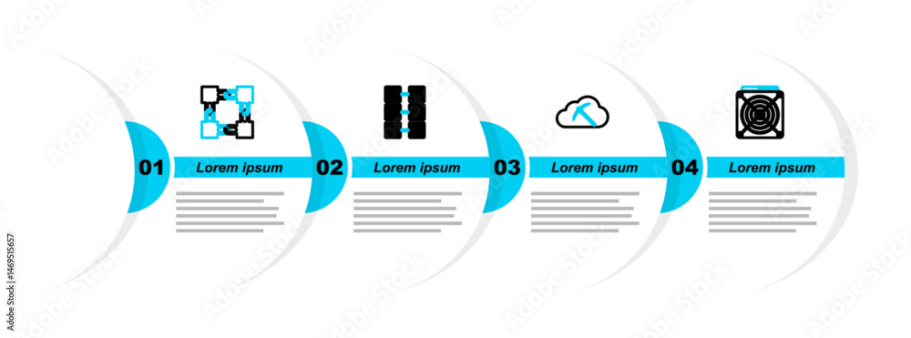 Poster set line asic miner, cryptocurrency cloud mining, mining farm and blockchain technology icon. vector
