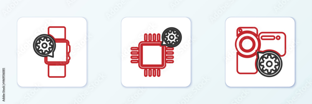 Poster set line video camera setting, smartwatch and processor icon. vector