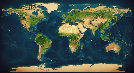 Detailed world map illustration showcasing continents, oceans, and geographical features for educational or cartographic projects