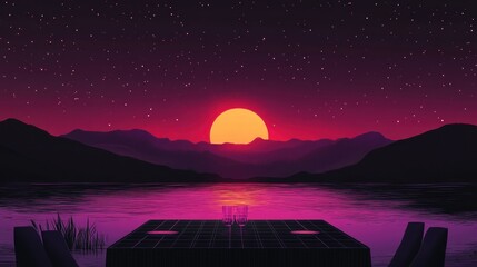 Romantic sunset dinner lakeside, mountains background; website banner