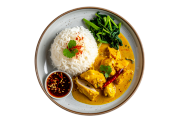 Top view photograph of a dish. The plate contains rice, fish sauce, and turmeric with chicken curry, on a transparent background