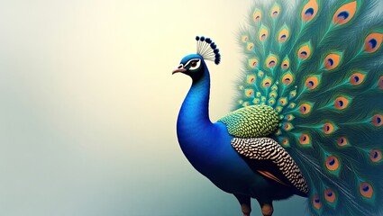Fototapeta premium Magnificent Indian Peacock Proudly Displaying Brilliant Iridescent Tail Feathers