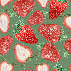 Seamless pattern with hand drawn strawberries. Artistic  drawing of strawberry with colored pencils capturing texture of paper. Colorful berries on the green background. Not AI generated.